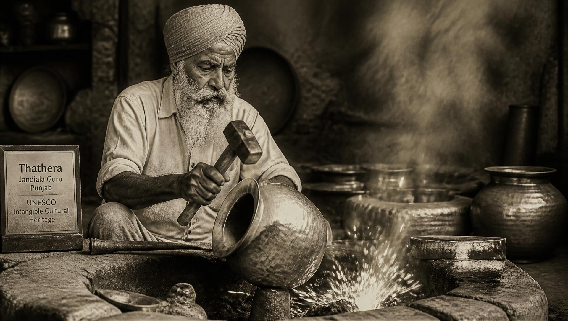 A pair of hands hammering a copper vessel by warm firelight