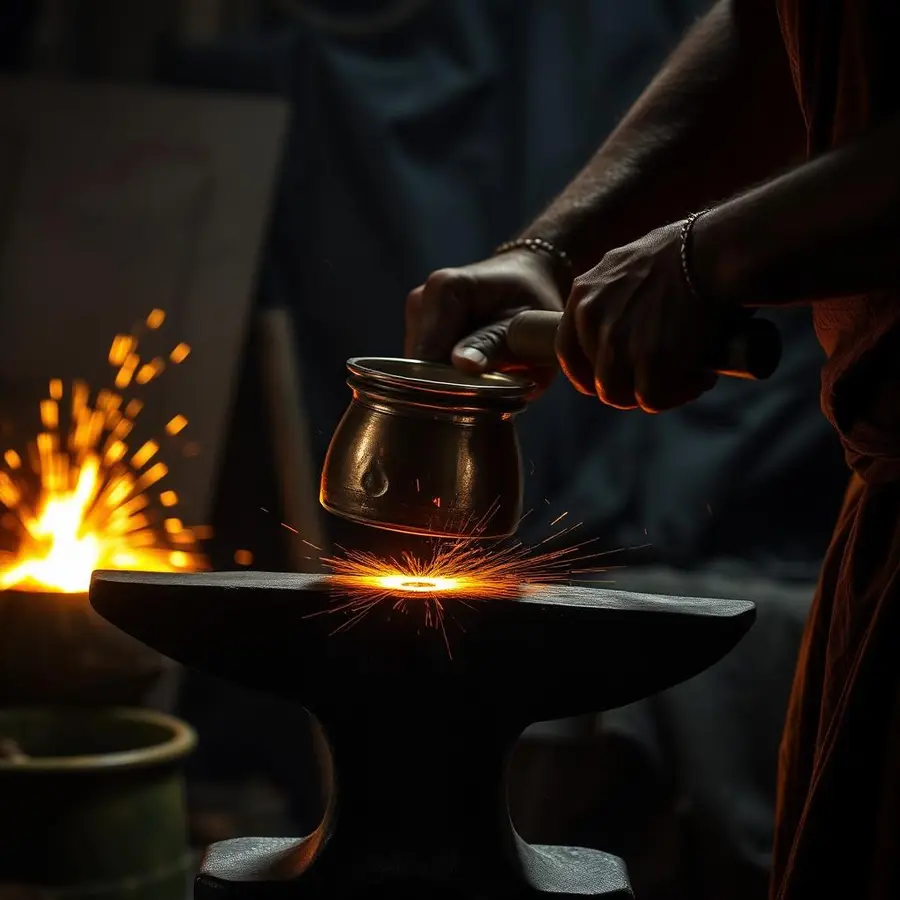 Hands hammering copper sheet